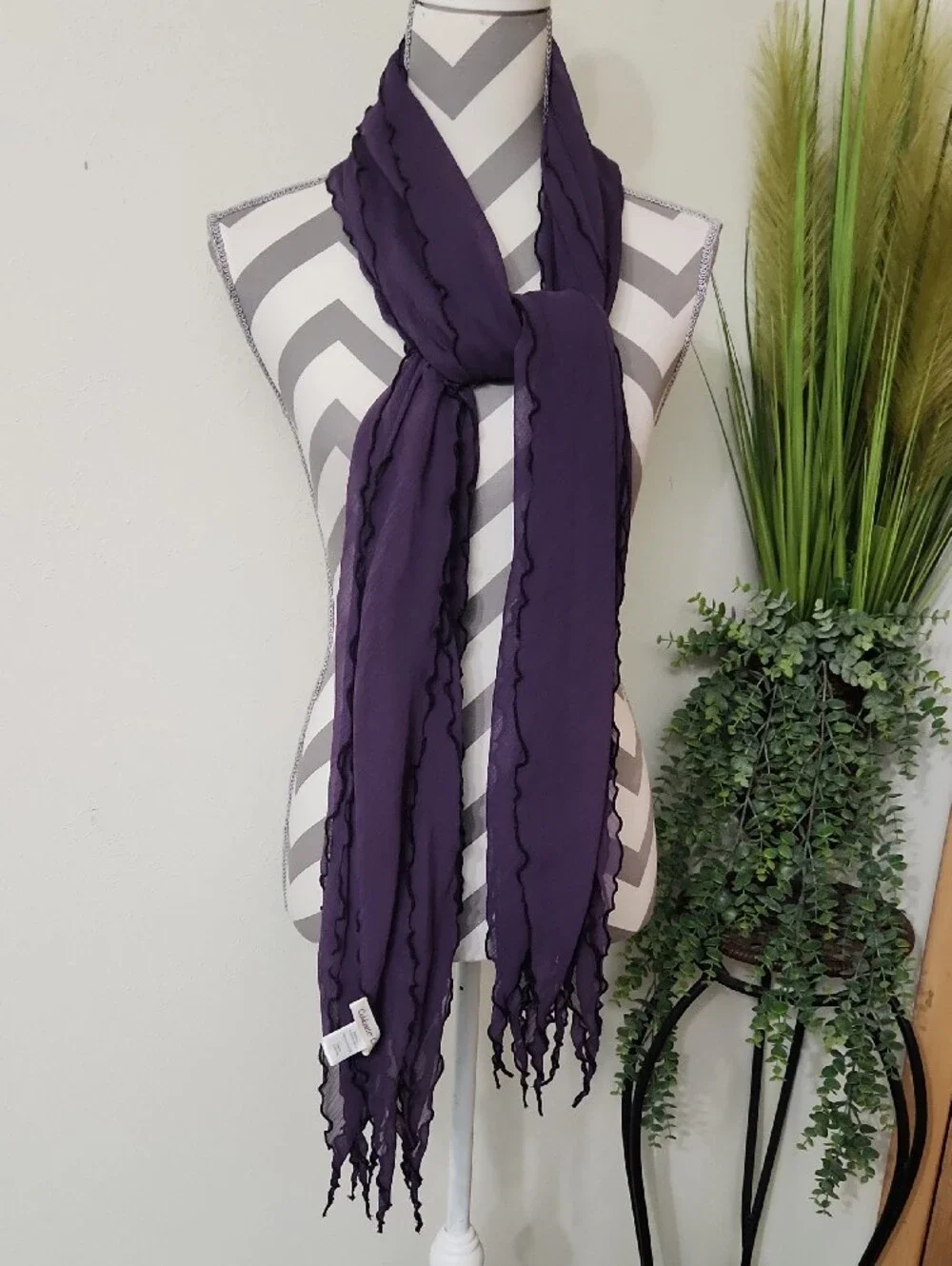 Coldwater Creek Eggplant Purple Scarf with Black Edge